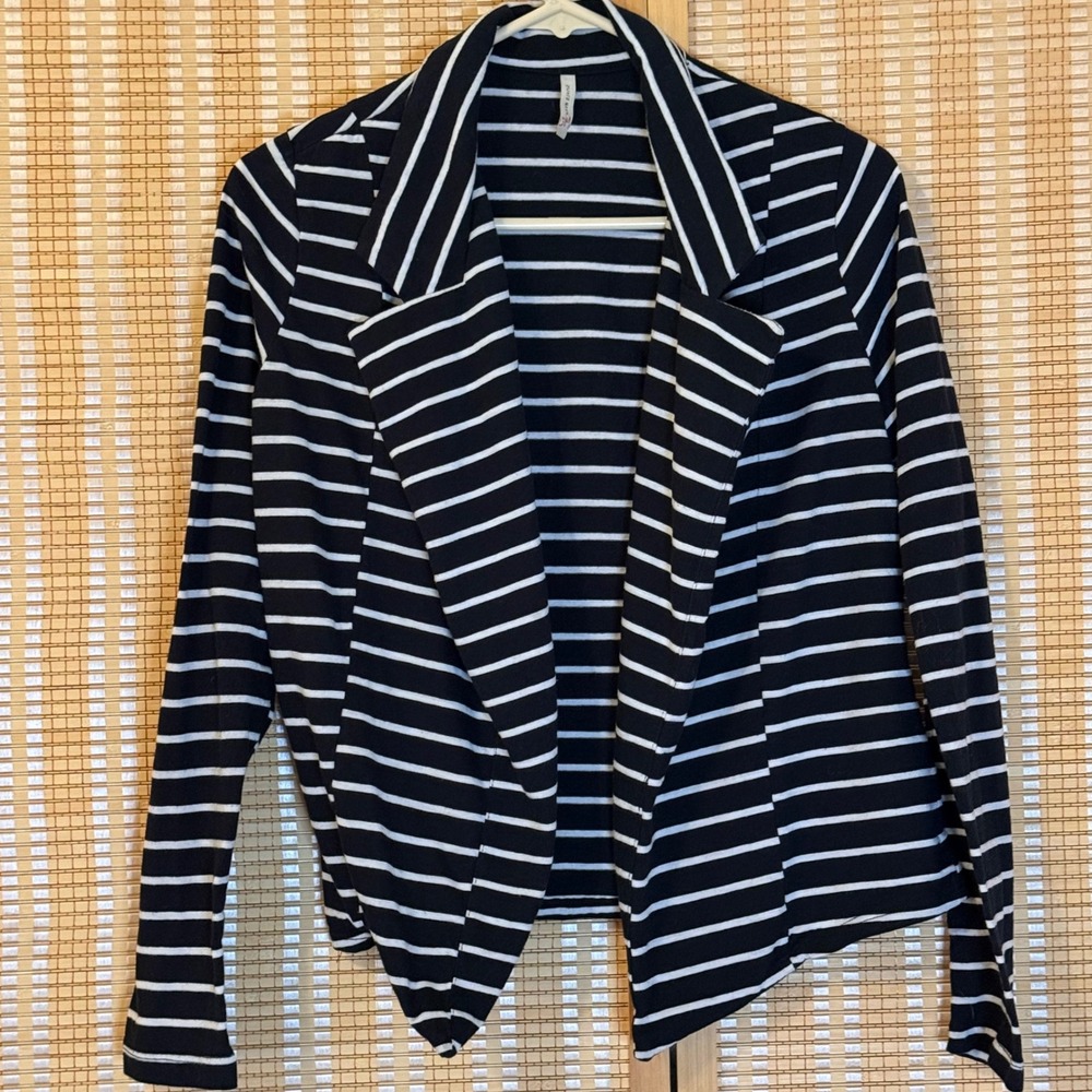 Olivia Moon Black White Striped Knit Open Front Cardigan Medium Office Chic